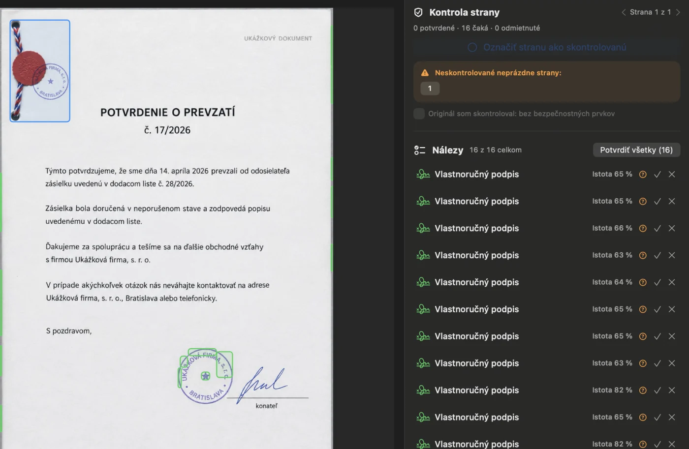 Zaručená konverzia v Chevron7: prvý prechod detekcie na ukážkovej listine so šnúrkou, pečaťou, pečiatkami a podpisom, v zozname 16 navrhnutých nálezov